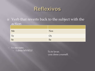    Verb that reverts back to the subject with the
    action
    Me                     Nos

    Te                     Os
    Se                     Se


- Yo me visto.
   - I dress MYSELF.      Tu te lavas.
                          -you dress yourself.
 