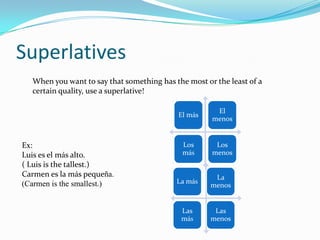 Superlatives
  When you want to say that something has the most or the least of a
  certain quality, use a superlative!

                                                      El
                                           El más
                                                     menos


Ex:                                          Los      Los
Luis es el más alto.                         más     menos
( Luis is the tallest.)
Carmen es la más pequeña.                             La
(Carmen is the smallest.)                  La más
                                                     menos


                                            Las       Las
                                            más      menos
 