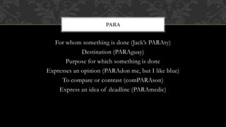 PARA 
For whom something is done (Jack’s PARAty) 
Destination (PARAguay) 
Purpose for which something is done 
Expresses an opinion (PARAdon me, but I like blue) 
To compare or contrast (comPARAson) 
Express an idea of deadline (PARAmedic) 
 
