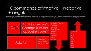 Tú commands affirmative + Negative 
+ irregular 
When you want to talk about an indefinite or negative situation you use an affirmation or a negative word. 
Put it in the “yo” 
Change it to the 
opposite vowel 
Ar e 
er/ir a 
Add “s” 
Examples: 
¡No comas! 
¡No lo comas! 
Irregular Verbs 
Tengas 
Vengas 
Des/Digas 
Vayas 
Seas 
Hagas 
Estes 
Sepas 
Positives 
Di 
Haz 
Ve 
Pon 
Sal 
Sé 
Ten 
Ven 
 