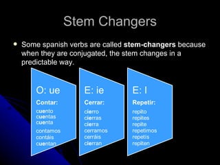 Stem Changers
   Some spanish verbs are called stem-changers because
    when they are conjugated, the stem changes in a
    predictable way.
 