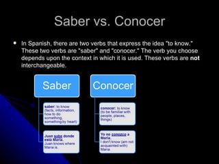 Saber vs. Conocer
   In Spanish, there are two verbs that express the idea "to know."
    These two verbs are "saber" and "conocer." The verb you choose
    depends upon the context in which it is used. These verbs are not
    interchangeable.
 
