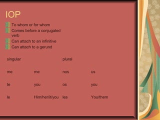 IOP
     To whom or for whom
     Comes before a conjugated
     verb
     Can attach to an infinitive
     Can attach to a gerund


singular                           plural


me               me                nos      us


te               you               os       you


le               Him/her/it/you les         You/them
 