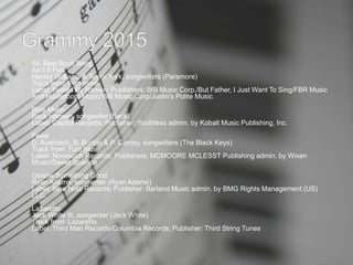  14. Best Rock Song
Ain't It Fun
Hayley Williams & Taylor York, songwriters (Paramore)
Track from: Paramore
Label: Fueled By Ramen; Publishers: WB Music Corp./But Father, I Just Want To Sing/FBR Music
And Hunterboro Music/WB Music Corp/Justin's Polite Music
Blue Moon
Beck Hansen, songwriter (Beck)
Label: Capitol Records; Publisher: Youthless admin. by Kobalt Music Publishing, Inc.
Fever
D. Auerbach, B. Burton & P. Carney, songwriters (The Black Keys)
Track from: Turn Blue
Label: Nonesuch Records; Publishers: MCMOORE MCLESST Publishing admin. by Wixen
Music/Sweet Science
Gimme Something Good
Ryan Adams, songwriter (Ryan Adams)
Label: Blue Note Records; Publisher: Barland Music admin. by BMG Rights Management (US)
LLC.
Lazaretto
Jack White III, songwriter (Jack White)
Track from: Lazaretto
Label: Third Man Records/Columbia Records; Publisher: Third String Tunes
 