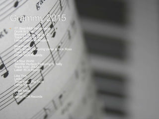  17. Best R&B Performance
Drunk In Love
Beyoncé Featuring Jay Z
Track from: Beyoncé
Label: Columbia Records
New Flame
Chris Brown Featuring Usher & Rick Ross
Track from: X
Label: RCA Records
It's Your World
Jennifer Hudson Featuring R. Kelly
Track from: JHUD
Label: RCA Records
Like This
Ledisi
Track from: The Truth
Label: Verve
Good Kisser
Usher
Label: RCA Records
 