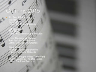  21. Best R&B Album
Islander
Bernhoft
Label: Big Picnic Records
Lift Your Spirit
Aloe Blacc
Label: XIX / Interscope Records
Love, Marriage & Divorce
Toni Braxton & Babyface
Label: Def Jam Recordings
Black Radio 2
Robert Glasper Experiment
Label: Blue Note Records
Give The People What They Want
Sharon Jones & The Dap-Kings
Label: Daptone Records
 