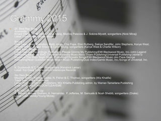  24. Best Rap Song
Anaconda
Ernest Clark, Jamal Jones, Onika Maraj, Marcos Palacios & J. Solone-Myvett, songwriters (Nicki Minaj)
Label: Cash Money/Young Money
Bound 2
Mike Dean, Noah Goldstein, Malik Jones, Che Pope, Elon Rutberg, Sakiya Sandifer, John Stephens, Kanye West,
Charlie Wilson, Ernest Wilson & Cydel Young, songwriters (Kanye West & Charlie Wilson)
Track from: Yeezus
Label: Def Jam Recordings; Publishers: Please Gimme My Publishing/EMI Blackwood Music, Inc./John Legend
Publishing admin. by BMG Chrysalis/Monarchy Music/Abou Thiam Publishing/Universal Publishing/Jabriel Iz
Myne/Let The Story Begin Music Publishing/Chrysalis Songs/EMI Blackwood Music obo Papa George
Publishing/Noah Goldstein Music/Reach Music Publishing/Dust Index/Gambi Music, Inc./Songs of Universal, Inc.
I
K. Duckworth & C. Smith, songwriters (Kendrick Lamar)
Label: Top Dawg Entertainment/Interscope Records
We Dem Boyz
Maurice Brown, Kamion Cooks, N. Fisher & C. Thomaz, songwriters (Wiz Khalifa)
Track from: Blacc Hollywood
Label: Rostrum/Atlantic; Publishers; Wiz KHalifa Publishing admin. by Warner-Tamerlane Publishing
Corp./IFYOUNEEDMEDONTLEAVEME
0 To 100 / The Catch Up
A. Feeney, Aubrey Graham, A. Hernandez, P. Jefferies, M. Samuels & Noah Shebib, songwriters (Drake)
Label: Cash Money/Young Money
 