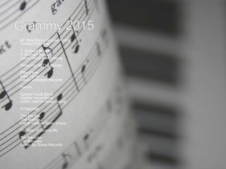  40. Best Roots Gospel Album
Forever Changed
T. Graham Brown
T. Graham Brown
Label: MCM World Media
Shine For All The People
Mike Farris
Mike Farris
Label: Compass Records
Hymns
Gaither Vocal Band
Gaither Vocal Band
Label: Gaither Music Group
A Cappella
The Martins
The Martins
Label: Gaither Music Group
His Way Of Loving Me
Tim Menzies
Tim Menzies
Label: By Grace Records
 