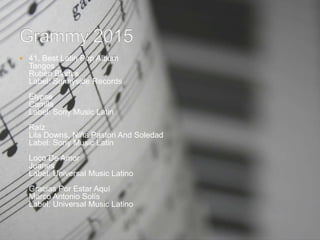  41. Best Latin Pop Album
Tangos
Rubén Blades
Label: Sunnyside Records
Elypse
Camila
Label: Sony Music Latin
Raíz
Lila Downs, Niña Pastori And Soledad
Label: Sony Music Latin
Loco De Amor
Juanes
Label: Universal Music Latino
Gracias Por Estar Aquí
Marco Antonio Solís
Label: Universal Music Latino
 