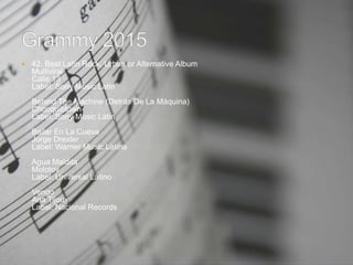  42. Best Latin Rock, Urban or Alternative Album
Multiviral
Calle 13
Label: Sony Music Latin
Behind The Machine (Detrás De La Máquina)
Chocquibtown
Label: Sony Music Latin
Bailar En La Cueva
Jorge Drexler
Label: Warner Music Latina
Agua Maldita
Molotov
Label: Universal Latino
Vengo
Ana Tijoux
Label: Nacional Records
 