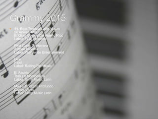  44. Best Tropical Latin Album
50 Aniversario
El Gran Combo De Puerto Rico
Label: EGC Records
First Class To Havana
Aymee Nuviola
Label: Worldwide Entertainment
Live
Palo!
Label: Rolling Pin Music
El Asunto
Totó La Momposina
Label: Sony Music Latin
Más + Corazón Profundo
Carlos Vives
Label: Sony Music Latin
 