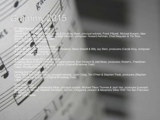  57. Best Musical Theater Album
Aladdin
James Monroe Iglehart, Adam Jacobs & Courtney Reed, principal soloists; Frank Filipetti, Michael Kosarin, Alan
Menken & Chris Montan, producers (Alan Menken, composer; Howard Ashman, Chad Beguelin & Tim Rice,
lyricists) (Original Broadway Cast)
Label: Walt Disney Records
Beautiful: The Carole King Musical
Jessie Mueller, principal soloist; Jason Howland, Steve Sidwell & Billy Jay Stein, producers (Carole King, composer
& lyricist) (Original Broadway Cast)
Label: Ghostlight/Razor & Tie
A Gentleman's Guide To Love & Murder
Jefferson Mays & Bryce Pinkham, principal soloists; Kurt Deutsch & Joel Moss, producers; Robert L. Freedman,
lyricist; Steven Lutvak, composer & lyricist (Original Broadway Cast)
Label: Ghostlight/Razor & Tie
Hedwig And The Angry Inch
Lena Hall & Neil Patrick Harris, principal soloists; Justin Craig, Tim O'Heir & Stephen Trask, producers (Stephen
Trask, composer & lyricist) (Original Broadway Cast)
Label: Atlantic
West Side Story
Cheyenne Jackson & Alexandra Silber, principal soloists; Michael Tilson Thomas & Jack Vad, producers (Leonard
Bernstein, composer; Stephen Sondheim, lyricist) (Cheyenne Jackson & Alexandra Silber With The San Francisco
Symphony)
Label: SFS Media
 