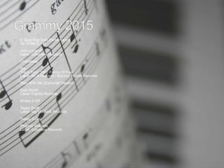  5. Best Pop Solo Performance
All Of Me (Live)
John Legend
Label: Columbia Records
Chandelier
Sia
Track from: 1000 Forms Of Fear
Label: RCA Records / Monkey Puzzle Records
Stay With Me (Darkchild Version)
Sam Smith
Label: Capitol Records
Shake It Off
Taylor Swift
Label: Big Machine Records
Happy (Live)
Pharrell Williams
Label: Columbia Records
 
