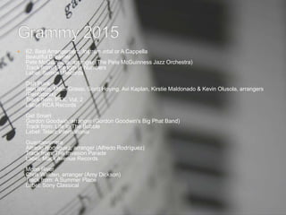  62. Best Arrangement, Instrumental or A Cappella
Beautiful Dreamer
Pete McGuinness, arranger (The Pete McGuinness Jazz Orchestra)
Track from: Strength In Numbers
Label: Summit Records
Daft Punk
Ben Bram, Mitch Grassi, Scott Hoying, Avi Kaplan, Kirstie Maldonado & Kevin Olusola, arrangers
(Pentatonix)
Track from: PTX, Vol. 2
Label: RCA Records
Get Smart
Gordon Goodwin, arranger (Gordon Goodwin's Big Phat Band)
Track from: Life In The Bubble
Label: Telarc International
Guantanamera
Alfredo Rodríguez, arranger (Alfredo Rodríguez)
Track from: The Invasion Parade
Label: Mack Avenue Records
Moon River
Chris Walden, arranger (Amy Dickson)
Track from: A Summer Place
Label: Sony Classical
 