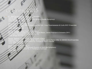  81. Best Contemporary Classical Composition
Adams, John Luther: Become Ocean
John Luther Adams, composer (Ludovic Morlot & Seattle Symphony)
Label: Cantaloupe Music
Clyne, Anna: Prince Of Clouds
Anna Clyne, composer (Jaime Laredo, Jennifer Koh, Vinay Parameswaran & Curtis 20/21 Ensemble)
Track from: Two X Four
Label: Cedille Records
Crumb, George: Voices From The Heartland
George Crumb, composer (Ann Crumb, Patrick Mason, James Freeman & Orchestra 2001)
Track from: Complete Crumb Edition, Vol. 16
Label: Bridge Records, Inc.
Paulus, Stephen: Concerto For Two Trumpets & Band
Stephen Paulus, composer (Eric Berlin, Richard Kelley, James Patrick Miller & UMASS Wind Ensemble)
Track from: Fantastique - Premieres For Trumpet & Wind Ensemble
Label: MSR Classics
Sierra, Roberto: Sinfonía No. 4
Roberto Sierra, composer (Giancarlo Guerrero & Nashville Symphony)
Track from: Sierra: Sinfonía No. 4; Fandangos; Carnaval
Label: Naxos
 