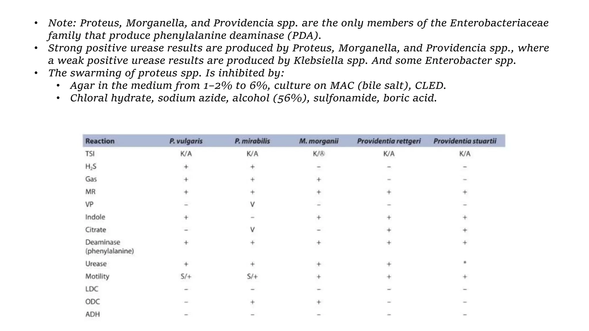 • Note: Proteus, Morganella, and Providencia spp. are the only members of the Enterobacteriaceae
family that produce phenylalanine deaminase (PDA).
• Strong positive urease results are produced by Proteus, Morganella, and Providencia spp., where
a weak positive urease results are produced by Klebsiella spp. And some Enterobacter spp.
• The swarming of proteus spp. Is inhibited by:
• Agar in the medium from 1–2% to 6%, culture on MAC (bile salt), CLED.
• Chloral hydrate, sodium azide, alcohol (56%), sulfonamide, boric acid.
 