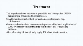 Treatment
The organism shows resistant to penicillin and tetracycline (PPNG
penicillinase producing N.gonorrhoeae).
Usually treatment is by third generation cephalosporin's (eg.
ceftriaxone).
Gonococcal ophthalmia neonatorum is prevented by local application of
0.5% erythromycin ophthalmic ointment or 1% tetracycline
ointment.
After cleansing of face of baby apply 1% silver nitrate solution
 