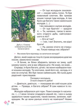 68
— От іще жолудьок заховав-
ся! — сказав чийсь голос. То був
невеликий хлопчик. Він тримав
кошик і кинув туди жолудь. А там
було ще багато таких самісіньких
жолудів. (...)
І він змішався з купою жолудів.
— От іще братик! — зраділи
ті. — Ти, напевне, також із вели-
кого старого дуба, найголовні-
шого в лісі?
— Еге ж! І ви?
— І ми, і ми! Значить, ми рідні
брати!
— Ну, разом нічого не страш-
но. Тільки навіщо нас зібрали?
•	 Яка може бути відповідь на запитання жолудя?
Дятел, який сидів на гілці й стукав зосереджено довгим
носом, замислено сказав:
— Я бачив, як білки збирають запаси на зиму, щоб
узимку гризти, але ж вас зібрали діти. Не знаю, не знаю...
Справді, їх було багато, дітей, і всі вони назбирали пов­
ні кошики жолудів. Та хлопчика, який його ніс, жолудь ні з
ким не сплутав. Він був також найменшим. Він ішов дуже
радісний і приспівував:
Посаджу я жолудьок,
З нього виросте дубок!
— Дивіться, дивіться, — показував він свій кошик усім
дітям. — Правда, я багато зібрав? Я сам навесні їх по-
саджу.
Жолудів набралося цілі гори. Повні комори їх насипа-
ли. (...) І вони почали згадувати рідний ліс, і все в ньому
здавалося таким чудесним, таким милим, зеленим, най-
кращим. Як це вони раніше нічого не помічали? Невже
Дуб у с. Стужиці
в Закарпатській обл.
Сучасне фото
 