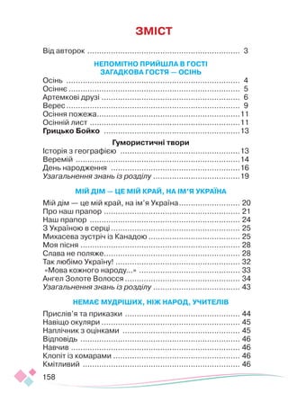158
ЗМІСТ
Від авторок .................................................................. 3
НЕПОМІТНО ПРИЙШЛА В ГОСТІ
ЗАГАДКОВА ГОСТЯ — ОСІНЬ
Осінь ........................................................................... 4
Осіннє.......................................................................... 5
Артемкові друзі............................................................ 6
Верес........................................................................... 9
Осіння пожежа.
.............................................................11
Осінній лист .................................................................11
Грицько Бойко ...........................................................13
Гумористичні твори
Історія з географією ....................................................13
Веремій .......................................................................14
День народження ........................................................16
Узагальнення знань із розділу .
.....................................19
МІЙ ДІМ — ЦЕ МІЙ КРАЙ, НА ІМ’Я УКРАЇНА
Мій дім — це мій край, на ім’я Україна........................... 20
Про наш прапор........................................................... 21
Наш прапор ................................................................. 24
З Україною в серці........................................................ 25
Михасева зустріч із Канадою........................................ 25
Моя пісня..................................................................... 28
Слава не поляже.
.......................................................... 28
Так любімо Україну!...................................................... 32
«Мова кожного народу...» ............................................ 33
Ангел Золоте Волосся.................................................. 34
Узагальнення знань із розділу .
..................................... 43
НЕМАЄ МУДРІШИХ, НІЖ НАРОД, УЧИТЕЛІВ
Прислів’я та приказки .................................................. 44
Навіщо окуляри............................................................ 45
Наплічник з оцінками ................................................... 45
Відповідь ..................................................................... 46
Навчив......................................................................... 46
Клопіт із комарами .
...................................................... 46
Кмітливий .................................................................... 46
 