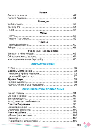 159
Казки
Золота пшениця........................................................... 47
Золота бджілка............................................................. 51
Легенди
Хліб і золото................................................................. 52
Кривий Ріг.................................................................... 54
Львів............................................................................ 54
Міфи
Перун........................................................................... 57
Подвиг Прометея......................................................... 59
Притча
Премудра притча.
......................................................... 60
Яблуня......................................................................... 61
Українські народні пісні
Вийшли в поле косарі................................................... 63
Ой зелене жито, зелене... ............................................ 64
Узагальнення знань із розділу .
..................................... 65
ЛІТЕРАТУРНІ КАЗКИ
Дубок .......................................................................... 66
Василь Симоненко .................................................... 72
Подорож у країну Навпаки............................................ 72
Царство Яблукарство................................................... 77
Френк Баум .
............................................................... 83
Чарівні цукерки............................................................. 83
Узагальнення знань із розділу .
..................................... 90
СНІЖНИЙ ВІНОЧОК СПЛІТАЄ ЗИМА
Сонце взимку............................................................... 91
Ох, яка ж краса! ........................................................... 93
Зимова радість............................................................. 94
Капці для святого Миколая........................................... 94
Платон Воронько ....................................................... 99
Сніжний віночок ........................................................... 99
Особлива сніжинка ......................................................100
Леся Українка ............................................................103
«Мамо, іде вже зима...»................................................103
Шишкар.......................................................................105
«На шипшині шпак співав...» ........................................106
 