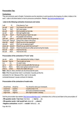Page 10 of 11
Pronunciation Tips:
Contractions:
They are commonly used in English. Contractions are the reductions in word sounds by the dropping of a letter or letters in the
word. Listen to the items below on how to pronounce contractions. Website: http://pronunciationtips.com/
Listen to the following contraction of pronouns and names
I will I'll I'll be there by 7 am.
you will you‘ll You‘ll have to do it yourself.
he will he‘ll He‘ll never agree.
she will she‘ll She‘ll probably be here late.
we will we‘ll We‘ll get together later.
they will they‘ll They‘ll be going to Spain nex year.
It will it‘ll It‘ll probable rain tomorrow.
John will John‘ll John‘ll be a doctor when he grows up.
Clancy will Clancy‘ll Clnacy‘ll be a clown in the circus.
what will what‘ll What‘ll you do in the meantime?
who will who‘ll Who‘ll you be seeing tonight?
where will where‘ll Where‘ll you go when this is all over?
there will there‘ll There‘ll be donuts and coffee served during the breaks.
that will that‘ll That‘ll be the day.
this will this‘ll This‘ll do for now.
Pronunciation of the contraction of "to be" verbs
we are we‘re We‘re celebrating the holiday in Aspen.
they are they‘re They‘re glad you came.
it is it‘s It‘s cold in here.
car is car‘s My car‘s running well after the tune-up.
Bob is Bob‘s Bob‘s never going to amount to much.
what is what‘s What‘s the matter with you?
Note: (they‘re, there, and their) are all pronounced the same.
Note: When the past tense ‗were‘ is contracted, it sounds just like the
contraction for ‗are‘. Because of this, ‘were‘ is not usually
contracted because it causes confusion for listeners.
Pronunciation of the contraction of modal verbs
should have should‘ve You should‘ve done your homework.
could have could‘ve I could‘ve had a V-8.
must have must‘ve He must‘ve answered incorrectly.
might have might‘ve She might‘ve eaten it already.
Visit the pronunciation tips website (http://pronunciationtips.com/), contractions link, to find out and listen to the pronunciation of
- Wh-question words + has/ have: how have  how’ve …. etc.
- Wh-question words + did/ would/ had: where did  where'd
- Negative contractions: wouldn‘t  wouldn’ without (t) …etc.
 