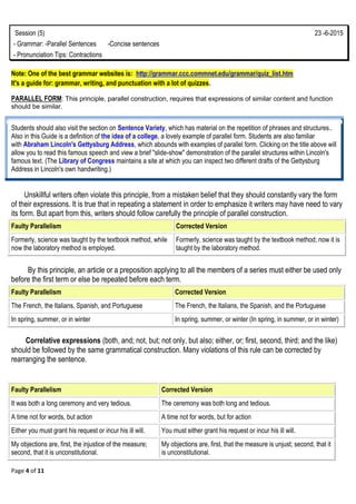 Page 4 of 11
Session (5) 23 -6-2015
- Grammar: -Parallel Sentences -Concise sentences
- Pronunciation Tips: Contractions
Note: One of the best grammar websites is: http://grammar.ccc.commnet.edu/grammar/quiz_list.htm
It's a guide for: grammar, writing, and punctuation with a lot of quizzes.
PARALLEL FORM: This principle, parallel construction, requires that expressions of similar content and function
should be similar.
Students should also visit the section on Sentence Variety, which has material on the repetition of phrases and structures..
Also in this Guide is a definition of the idea of a college, a lovely example of parallel form. Students are also familiar
with Abraham Lincoln's Gettysburg Address, which abounds with examples of parallel form. Clicking on the title above will
allow you to read this famous speech and view a brief "slide-show" demonstration of the parallel structures within Lincoln's
famous text. (The Library of Congress maintains a site at which you can inspect two different drafts of the Gettysburg
Address in Lincoln's own handwriting.)
Unskillful writers often violate this principle, from a mistaken belief that they should constantly vary the form
of their expressions. It is true that in repeating a statement in order to emphasize it writers may have need to vary
its form. But apart from this, writers should follow carefully the principle of parallel construction.
Faulty Parallelism Corrected Version
Formerly, science was taught by the textbook method, while
now the laboratory method is employed.
Formerly, science was taught by the textbook method; now it is
taught by the laboratory method.
By this principle, an article or a preposition applying to all the members of a series must either be used only
before the first term or else be repeated before each term.
Faulty Parallelism Corrected Version
The French, the Italians, Spanish, and Portuguese The French, the Italians, the Spanish, and the Portuguese
In spring, summer, or in winter In spring, summer, or winter (In spring, in summer, or in winter)
Correlative expressions (both, and; not, but; not only, but also; either, or; first, second, third; and the like)
should be followed by the same grammatical construction. Many violations of this rule can be corrected by
rearranging the sentence.
Faulty Parallelism Corrected Version
It was both a long ceremony and very tedious. The ceremony was both long and tedious.
A time not for words, but action A time not for words, but for action
Either you must grant his request or incur his ill will. You must either grant his request or incur his ill will.
My objections are, first, the injustice of the measure;
second, that it is unconstitutional.
My objections are, first, that the measure is unjust; second, that it
is unconstitutional.
 