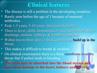 Clinical features
 The disease is still a problem in the developing countries.
 Rarely seen before the age of 1 because of maternal
antibodies.
 Peak 1-5 years, 5-10 years- decreases thereafter.Peak 1-5 years, 5-10 years- decreases thereafter.
 There is fever, chills, hoarseness of voice, sore throat, nasalThere is fever, chills, hoarseness of voice, sore throat, nasal
discharge, malaise, lethargy & lymphadenopathy.discharge, malaise, lethargy & lymphadenopathy.
 Within two to three days, a thick coating canWithin two to three days, a thick coating can build up in thebuild up in the
throatthroat.
 This makes it difficult to breath & swallow.
 On clinical examination there is a thick membrane over the
throat that if pulled leads to bleeding.
 The toxin may be absorbed into the blood stream and
may cause damage to the heart, kidneys and nerves.
 