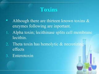 Toxins
 Although there are thirteen known toxins &
enzymes following are inportant.
1. Alpha toxin; lecithinase splits cell membrane
lecithin.
2. Theta toxin has hemolytic & necrotizing
effects
3. Enterotoxin
 