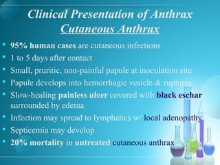 Clinical Presentation of Anthrax
Cutaneous Anthrax
 95% human cases are cutaneous infections
 1 to 5 days after contact
 Small, pruritic, non-painful papule at inoculation site
 Papule develops into hemorrhagic vesicle & ruptures
 Slow-healing painless ulcer covered with black eschar
surrounded by edema
 Infection may spread to lymphatics w/ local adenopathy
 Septicemia may develop
 20% mortality in untreated cutaneous anthrax
 