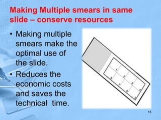 Making Multiple smears in same
slide – conserve resources
• Making multiple
smears make the
optimal use of
the slide.
• Reduces the
economic costs
and saves the
technical time.
15
 