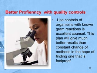 Better Profienncy with quality controls
• Use controls of
organisms with known
gram reactions is
excellent counsel. This
plan will give much
better results than
constant change of
methods in the hope of
finding one that is
foolproof
55
 