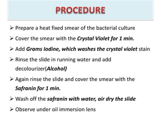 Prepare a heat fixed smear of the bacterial culture
 Cover the smear with the Crystal Violet for 1 min.
 Add Grams Iodine, which washes the crystal violet stain
 Rinse the slide in running water and add
decolourizer(Alcohol)
 Again rinse the slide and cover the smear with the
Safranin for 1 min.
 Wash off the safranin with water, air dry the slide
 Observe under oil immersion lens
 