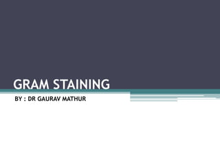 GRAM STAINING
BY : DR GAURAV MATHUR
 