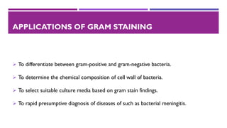 APPLICATIONS OF GRAM STAINING
➢ To differentiate between gram-positive and gram-negative bacteria.
➢ To determine the chemical composition of cell wall of bacteria.
➢ To select suitable culture media based on gram stain findings.
➢ To rapid presumptive diagnosis of diseases of such as bacterial meningitis.
 