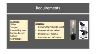 Requirements
1
Materials
Slides
Sample
Inoculating loop
Bunsen burner
Cotton
Microscope
Reagents
• Primary Stain: Crystal violet
• Mordent: Grams Iodine
• Decoloriser: Alcohol
• Counterstain: Safranine