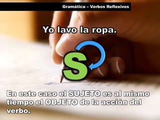 En este caso el SUJETO es al mismo
tiempo el OBJETO de la acción del
verbo.
Gramática – Verbos Reflexivos
SS