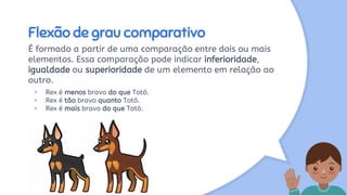 Flexão de grau comparativo
É formado a partir de uma comparação entre dois ou mais
elementos. Essa comparação pode indicar inferioridade,
igualdade ou superioridade de um elemento em relação ao
outro.
× Rex é menos bravo do que Totó.
× Rex é tão bravo quanto Totó.
× Rex é mais bravo do que Totó.
 