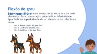 Flexão de grau
comparativo
É formado a partir de uma comparação entre dois ou mais
elementos. Essa comparação pode indicar inferioridade,
igualdade ou superioridade de um elemento em relação ao
outro.
× Rex é menos bravo do que Totó.
× Rex é tão bravo quanto Totó.
× Rex é mais bravo do que Totó.
 
