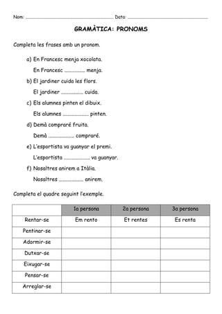 Nom: ............................................................................... Data: ........................................................................

                                                   GRAMÀTICA: PRONOMS

Completa les frases amb un pronom.

           a) En Francesc menja xocolata.

                En Francesc ................ menja.

           b) El jardiner cuida les flors.

                El jardiner ................. cuida.

           c) Els alumnes pinten el dibuix.

                Els alumnes .................... pinten.

           d) Demà compraré fruita.

                Demà .................... compraré.

           e) L’esportista va guanyar el premi.

                L’esportista .................... va guanyar.

           f) Nosaltres anirem a Itàlia.

                Nosaltres ................... anirem.

Completa el quadre seguint l’exemple.

                                                  1a persona                               2a persona                                3a persona

         Rentar-se                                 Em rento                                 Et rentes                                  Es renta

        Pentinar-se

        Adormir-se

         Dutxar-se

        Eixugar-se

         Pensar-se

       Arreglar-se
 