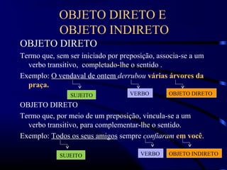 OBJETO DIRETO E
OBJETO INDIRETO
OBJETO DIRETO
Termo que, sem ser iniciado por preposição, associa-se a um
verbo transitivo, completado-lhe o sentido .
Exemplo: O vendaval de ontem derrubou várias árvores da
praça.
OBJETO DIRETO
Termo que, por meio de um preposição, vincula-se a um
verbo transitivo, para complementar-lhe o sentido.
Exemplo: Todos os seus amigos sempre confiaram em você.
OBJETO DIRETO
OBJETO INDIRETO
VERBO
VERBO
SUJEITO
SUJEITO
 