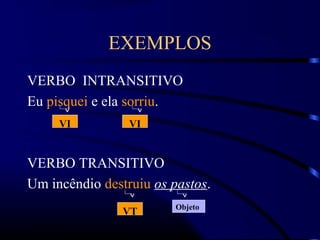 EXEMPLOS
VERBO INTRANSITIVO
Eu pisquei e ela sorriu.
VERBO TRANSITIVO
Um incêndio destruiu os pastos.
VI VI
VT Objeto
 