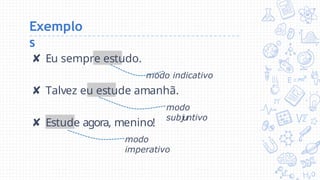 Exemplo
s
✘ Eu sempre estudo.
modo indicativo
✘ Talvez eu estude amanhã.
modo
subjuntivo
✘ Estude agora, menino!
modo
imperativo
 
