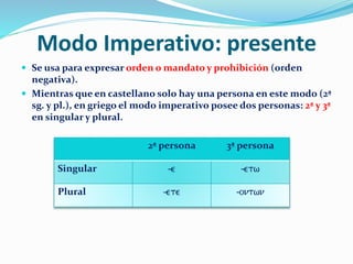Modo Imperativo: presente
 Se usa para expresar orden o mandato y prohibición (orden
negativa).
 Mientras que en castellano solo hay una persona en este modo (2ª
sg. y pl.), en griego el modo imperativo posee dos personas: 2ª y 3ª
en singular y plural.
2ª persona 3ª persona
Singular -e -etw
Plural -ete -ontwn
 