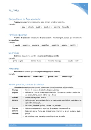 GRAMÁTICA PROF. MIGUEL DE CARVALHO
3
PALAVRA
Campo lexical ou Área vocabular
As palavras que pertencem ao mesmo tema formam uma área vocabular.
Exemplo:
casa telhado quadro candeeiro cozinha televisão
Família de palavras
A família de palavras é um conjunto de palavras com a mesma origem, ou seja, que têm a mesma
forma de base.
Exemplo:
sapato sapateiro sapataria sapatilhas sapatinho sapatão sapateira
Sinónimos
Sinónimos são palavras que têm o mesmo significado ou sentido.
Exemplo:
preto - negro irmão - mano menina - rapariga escutar - ouvir
Antónimos
Antónimos são palavras que têm o significado oposto ou contrário.
Exemplo:
aberto - fechado dentro – fora quente – frio limpo – sujo
Nomes próprios, comuns e coletivos
Os nomes são palavras que se utilizam para nomear ou designar seres, coisas ou ideias.
Nomes
próprios
 Nomes de pessoas, de cidades, de países, de rios.
 Referem-se a um ser ou algo especial e único. Escrevem-se com letra maiúscula.
 ex: Lisboa, Porto, Isabel, Mário, Tejo , Douro
Nomes
comuns
 Nomes de objetos e animais.
 Referem-se a seres, em geral com as mesmas caracteristicas, e escrevem-se
com letra minúscula.
 ex: cama, cadeira, quadro, caneta, cão, mulher
Nomes
comuns
coletivos
 Nomes que designam conjuntos de seres da mesma espécie.
 Escrevem-se na forma de singular mas referem-se a um conjunto que é
plural.
 ex: matilha, vara, manada, quadrilha, turma, armada.
 