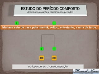 ESTUDO DO PERÍODO COMPOSTO
delimitando orações, classificando períodos
Mariana saiu de casa pela manhã; voltou, entretanto, a uma da tarde.
i i
i i
PERÍODO COMPOSTO POR COORDENAÇÃO
OC OC
 