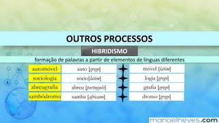 OUTROS	PROCESSOS
HIBRIDISMO
formação	de	palavras	a	partir	de	elementos	de	línguas	diferentes
automóvel
sociologia
abreugrafia
sambódromo
auto [grego] móvel [latim]
sócio[latim] logia [grego]
abreu [português] grafia [grego]
samba [africano] dromo [grego]
 