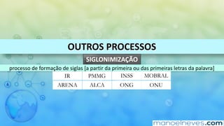OUTROS	PROCESSOS
SIGLONIMIZAÇÃO
processo	de	formação	de	siglas	[a	partir	da	primeira	ou	das	primeiras	letras	da	palavra]
IR PMMG INSS MOBRAL
ARENA ALCA ONG ONU
 