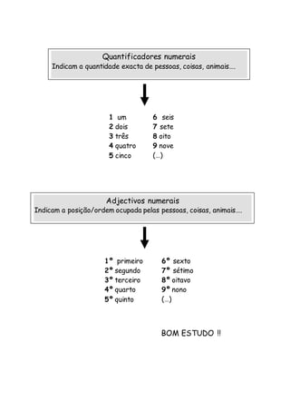 BOM ESTUDO !!
Quantificadores numerais
Indicam a quantidade exacta de pessoas, coisas, animais….
1 um
2 dois
3 três
4 quatro
5 cinco
6 seis
7 sete
8 oito
9 nove
(…)
Adjectivos numerais
Indicam a posição/ordem ocupada pelas pessoas, coisas, animais….
1º primeiro
2º segundo
3º terceiro
4º quarto
5º quinto
6º sexto
7º sétimo
8º oitavo
9º nono
(…)
 