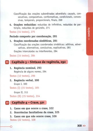 Classificação das orações subordinadas adverbiais: causais, con-
secutivas, comparativas, conformativas, condicionais, conces-
sivas, temporais, proporcionais, finais, 269
4. Orações reduzidas: reduzidas de infinitivo, reduzidas de par-
ticípio, reduzidas de gerúndio, 271
Testes (14 testes), 275
Período composto por coordenação, 281
1. Orações coordenadas sindéticas, 281
Classificação das orações coordenadas sindéticas: aditivas, adver-
sativas, alternativas, conclusivas, explicativas, 281
Orações intercaladas ou interferentes, 284
Testes (14 testes), 284
Q Capítulo 3 - Sintaxe de regência, 292
1. Regência nominal, 293
Regência de alguns nomes, 294
Testes (12 testes), 296
2. Regência verbal, 300
Grupo I, 300
Testes (I) (15 testes), 305
Grupo II, 311
Testes (II) (15 testes), 314
Q Capítulo 4 - Crase, 321
1. Casos em que ocorre a crase, 322
2. Ocorrências facultativas da crase, 325
3. Casos em que não ocorre crase, 326
Testes (22 testes), 328
O XIII »
 