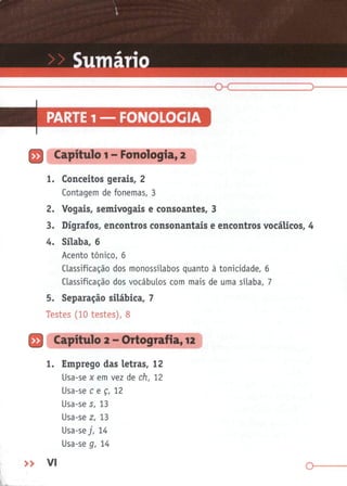 o-c >
Q 2
1. Conceitos gerais, 2
Contagem de fonemas, 3
2. Vogais, semivogais e consoantes, 3
3. Dígrafos, encontros consonantais e encontros vocálicos, 4
4. Sílaba, 6
Acento tónico, 6
Classificação dos monossílabos quanto à tonicidade, 6
Classificação dos vocábulos com mais de uma sílaba, 7
5. Separação silábica, 7
Testes (10 testes), 8
Q Capítulo 2 - Ortografia, 12
1. Emprego das letras, 12
Usa-se x em vez de ch, 12
Usa-se c e ç, 12
Usa-se s, 13
Usa-se z, 13
Usa-se j, 14
Usa-se g, 14
» VI O-
 